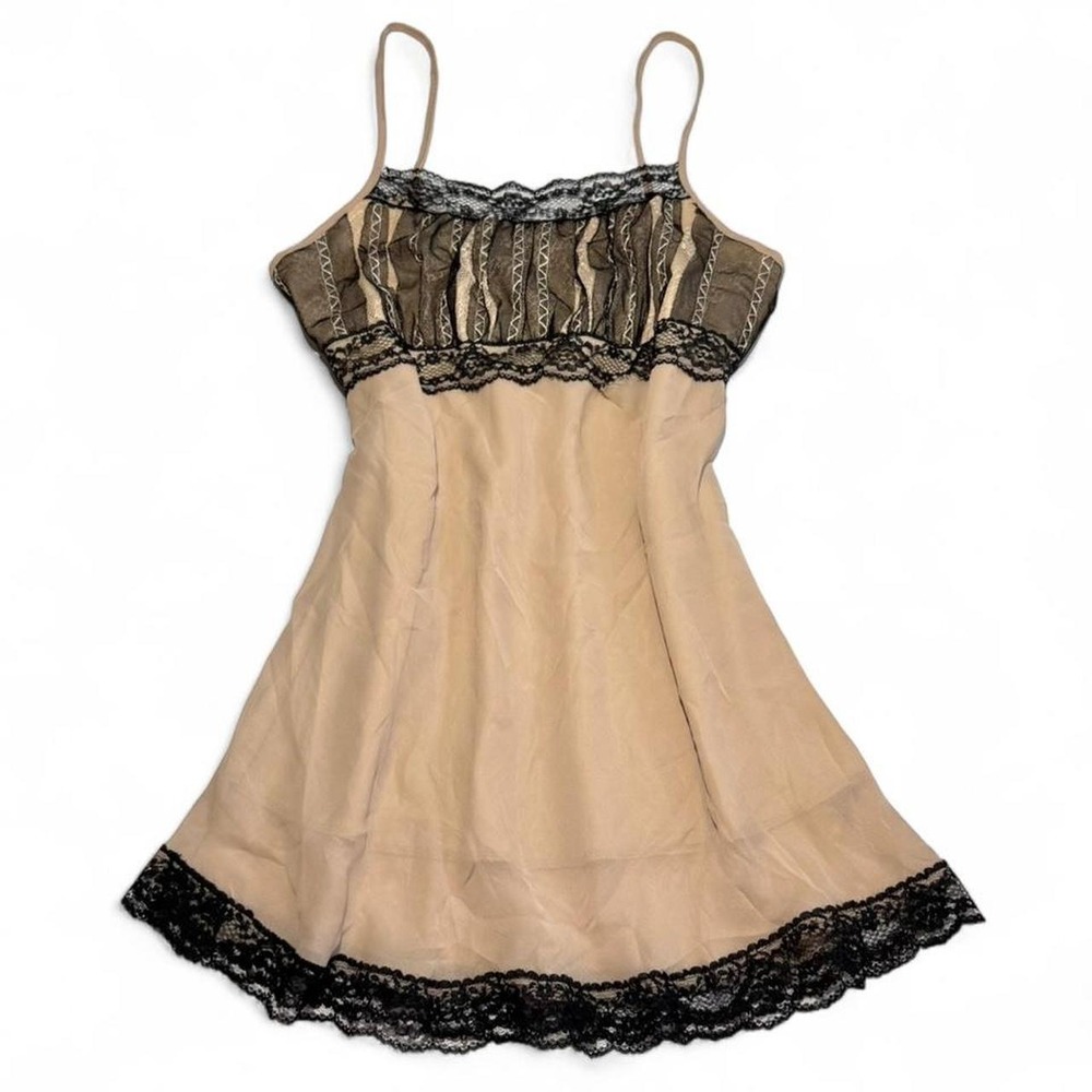 Vintage Y2K Charlotte Russe Lace Mesh Babydoll Tank Sequin Fairy Top Tan Large